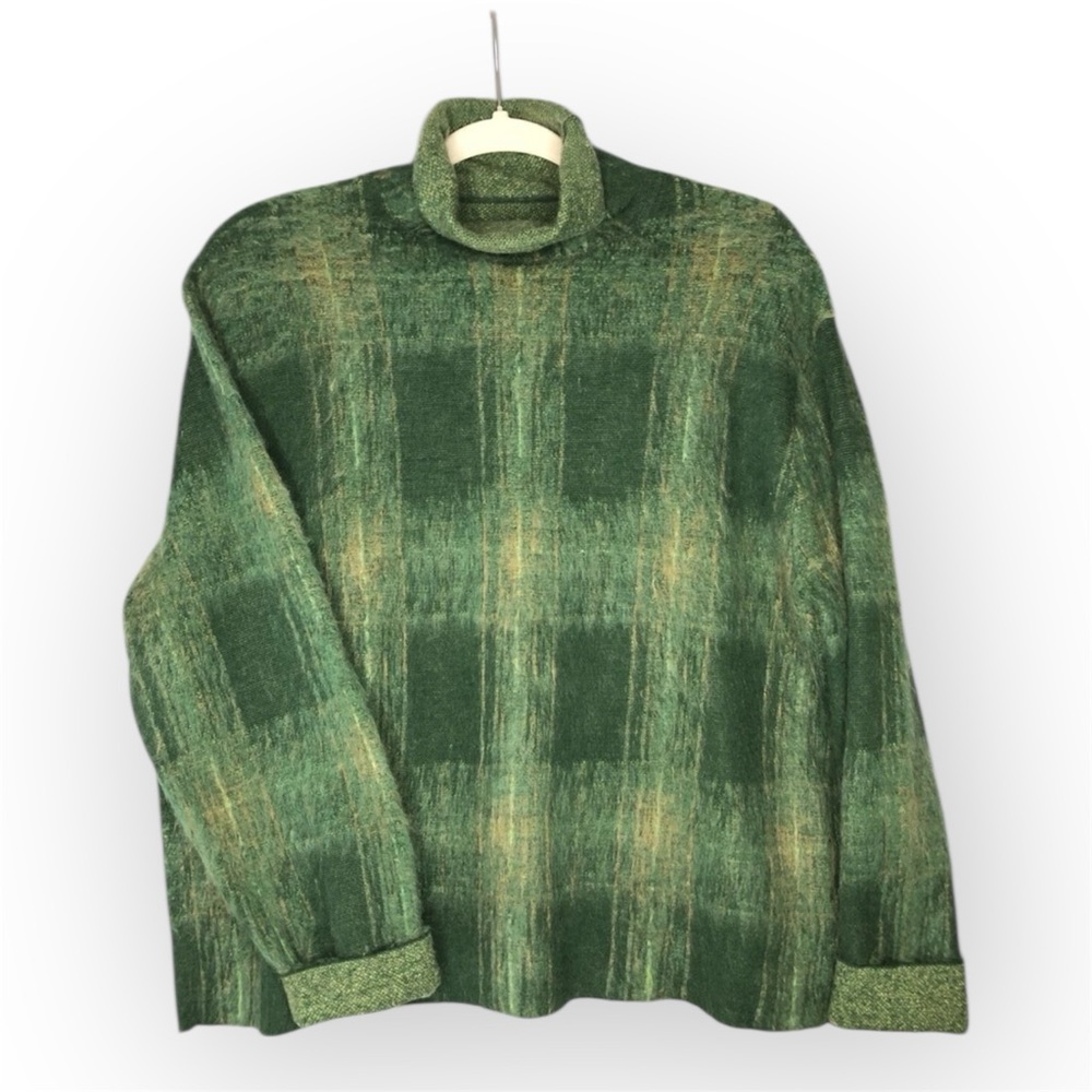 JNBY Mohair Wool Blend Raw Edge Sweater Green Womens Size S Mock Neck Japan